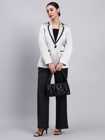 Powersutra Silver Satin Blazer-Set With Black Trim Detailing