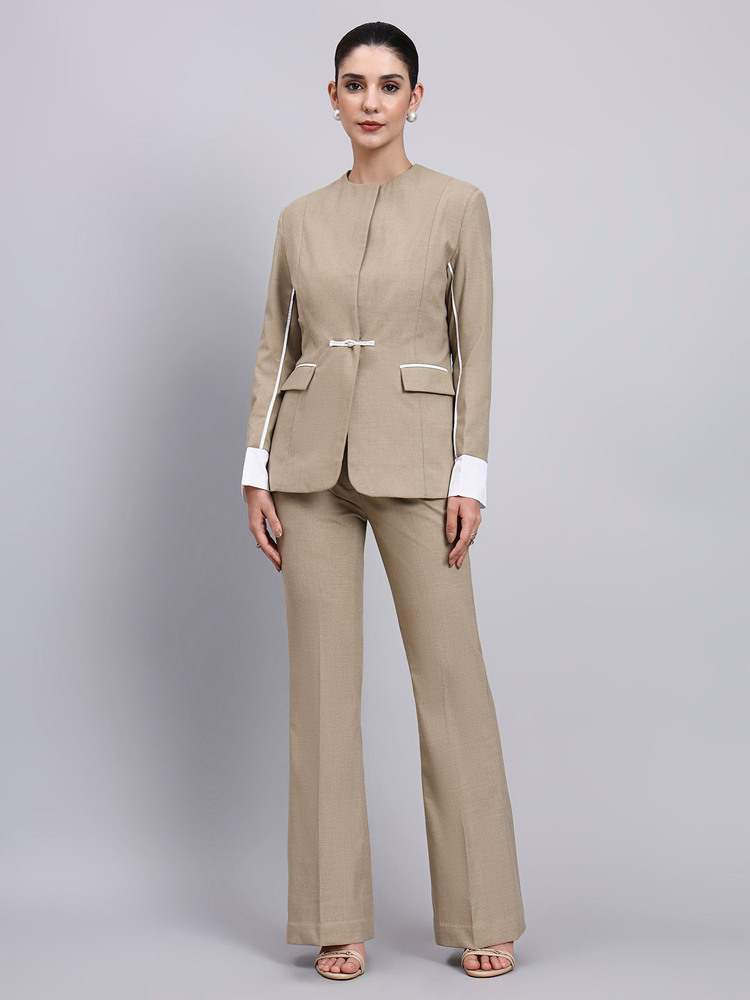 Powersutra Tailored Dual-Tone Stretch Power Suit Featuring Refined Linear Detailing With Flared Pants