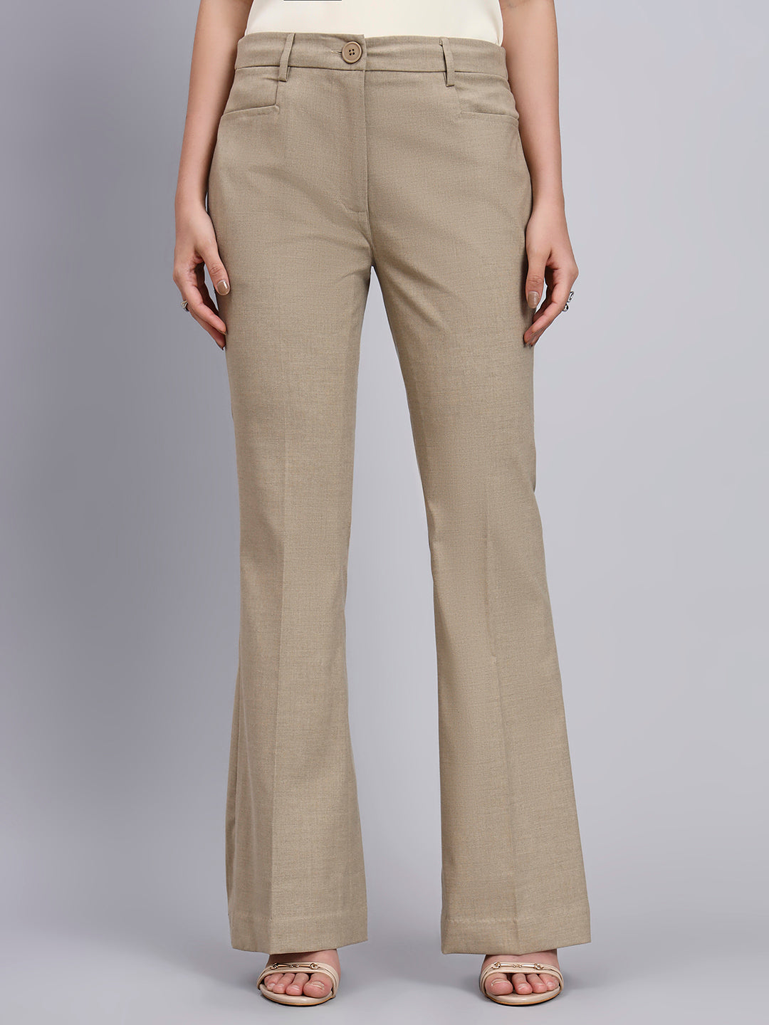 Powersutra Tailored Dual-Tone Stretch Power Suit Featuring Refined Linear Detailing With Flared Pants