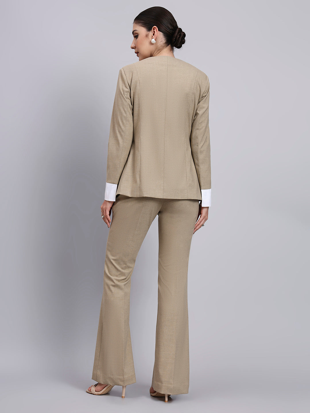 Powersutra Tailored Dual-Tone Stretch Power Suit Featuring Refined Linear Detailing With Flared Pants