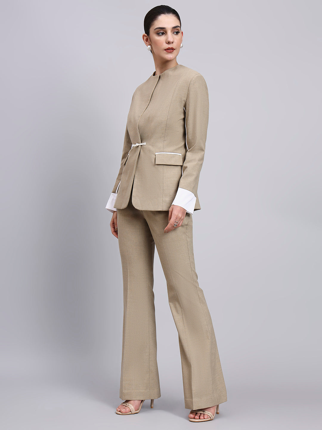 Powersutra Tailored Dual-Tone Stretch Power Suit Featuring Refined Linear Detailing With Flared Pants