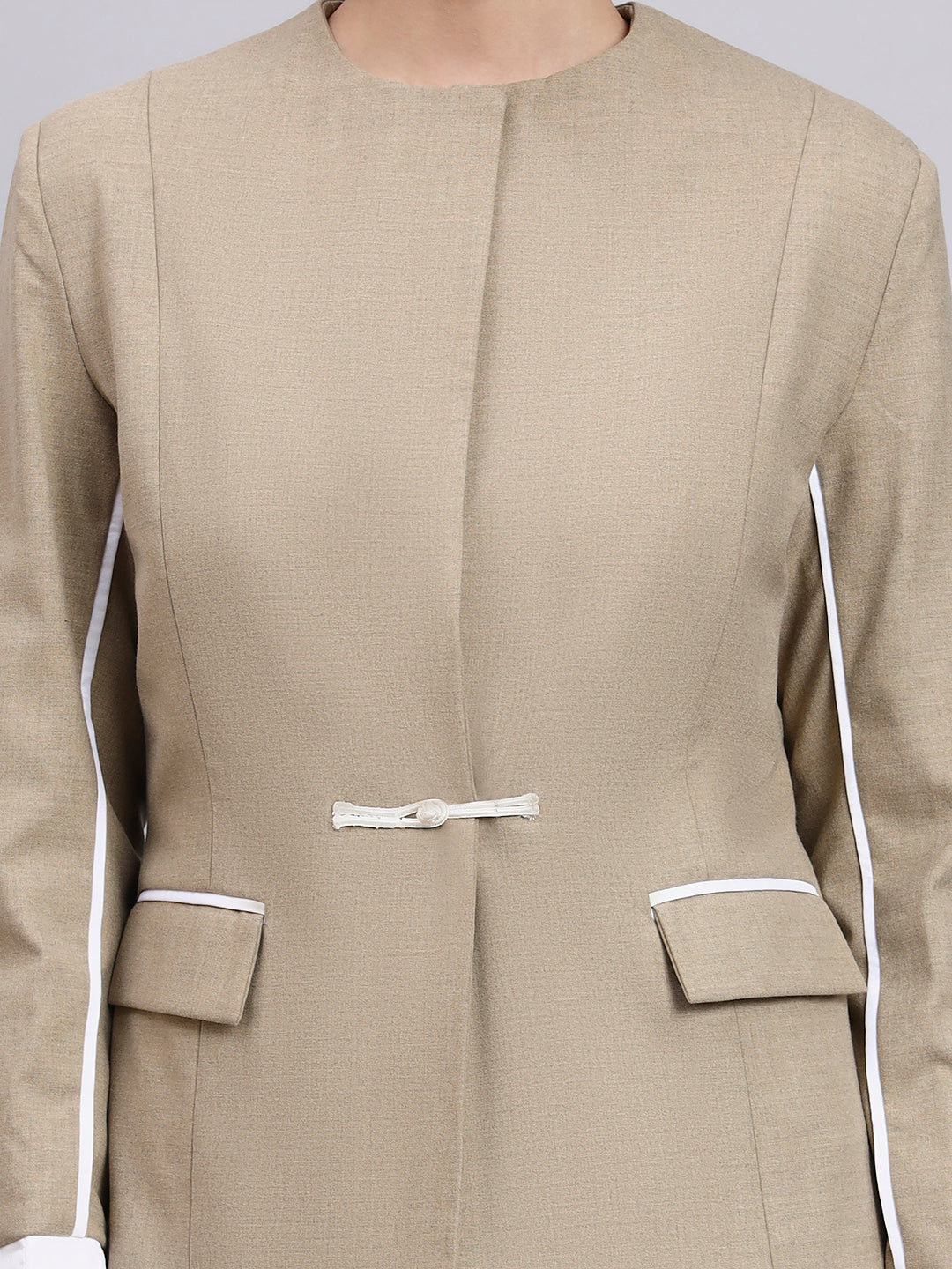 Powersutra Tailored Dual-Tone Stretch Power Suit Featuring Refined Linear Detailing With Flared Pants
