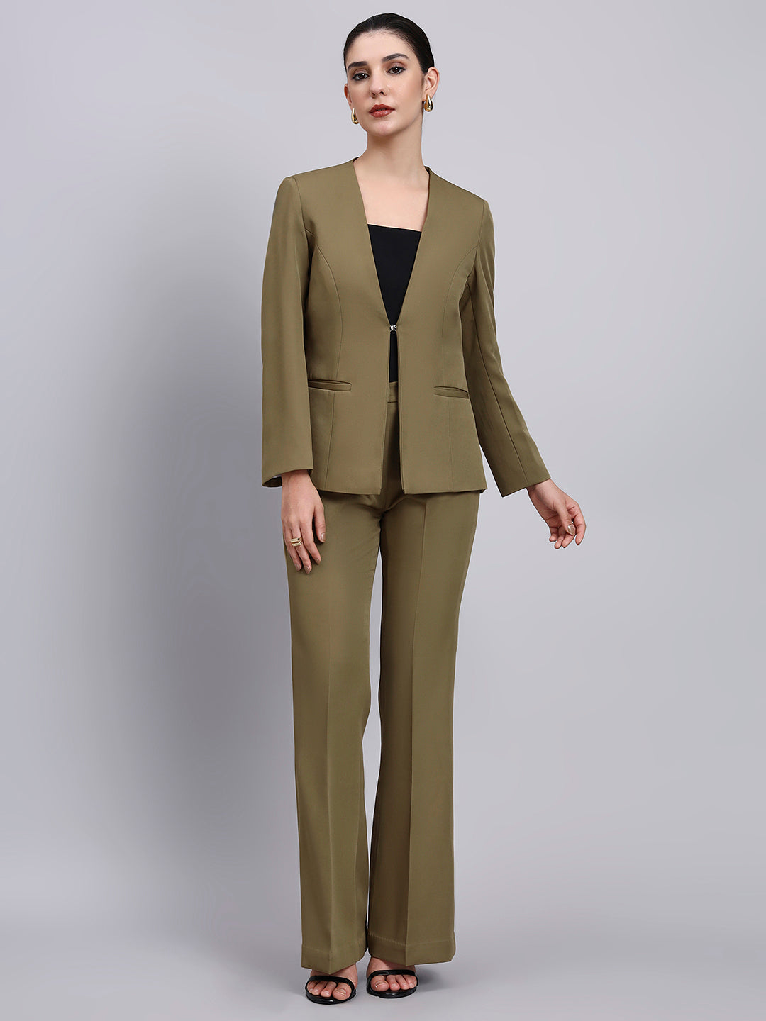 Powersutra Tailored Willow Green Lapel Less Blazer-Set With Flared Pants