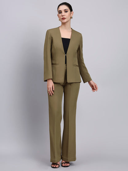 Powersutra Tailored Willow Green Lapel Less Blazer-Set With Flared Pants