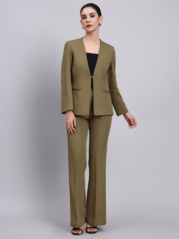 Powersutra Tailored Willow Green Lapel Less Blazer-Set With Flared Pants