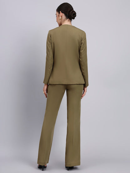 Powersutra Tailored Willow Green Lapel Less Blazer-Set With Flared Pants