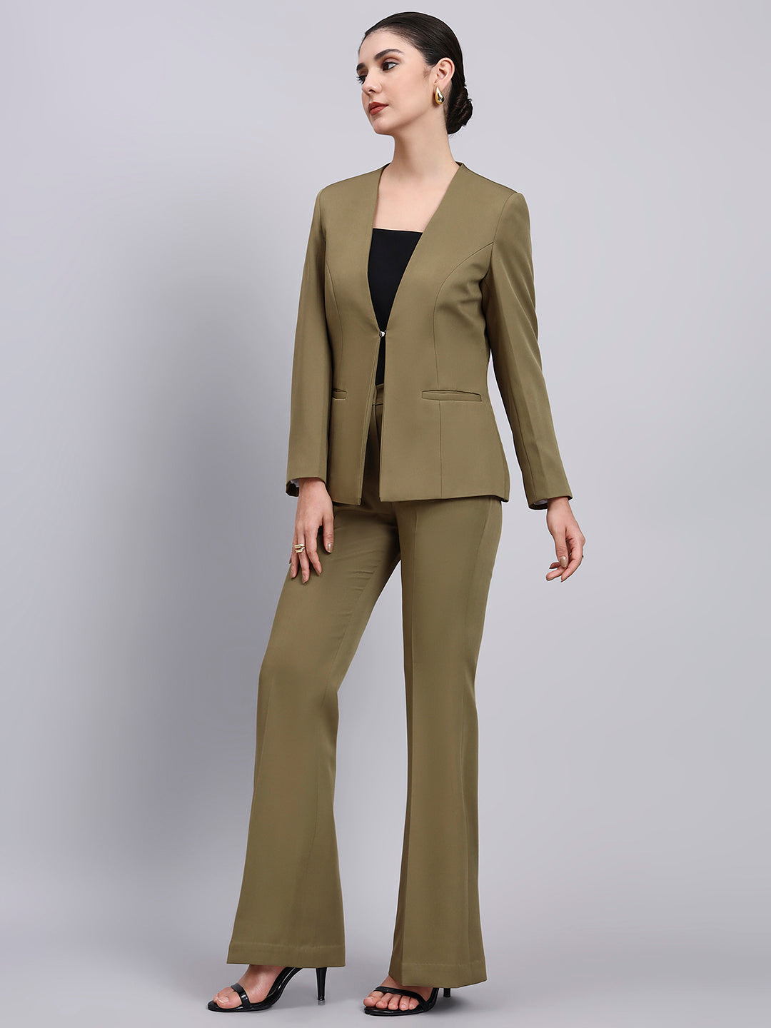 Powersutra Tailored Willow Green Lapel Less Blazer-Set With Flared Pants