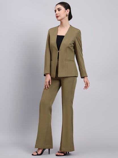 Powersutra Tailored Willow Green Lapel Less Blazer-Set With Flared Pants