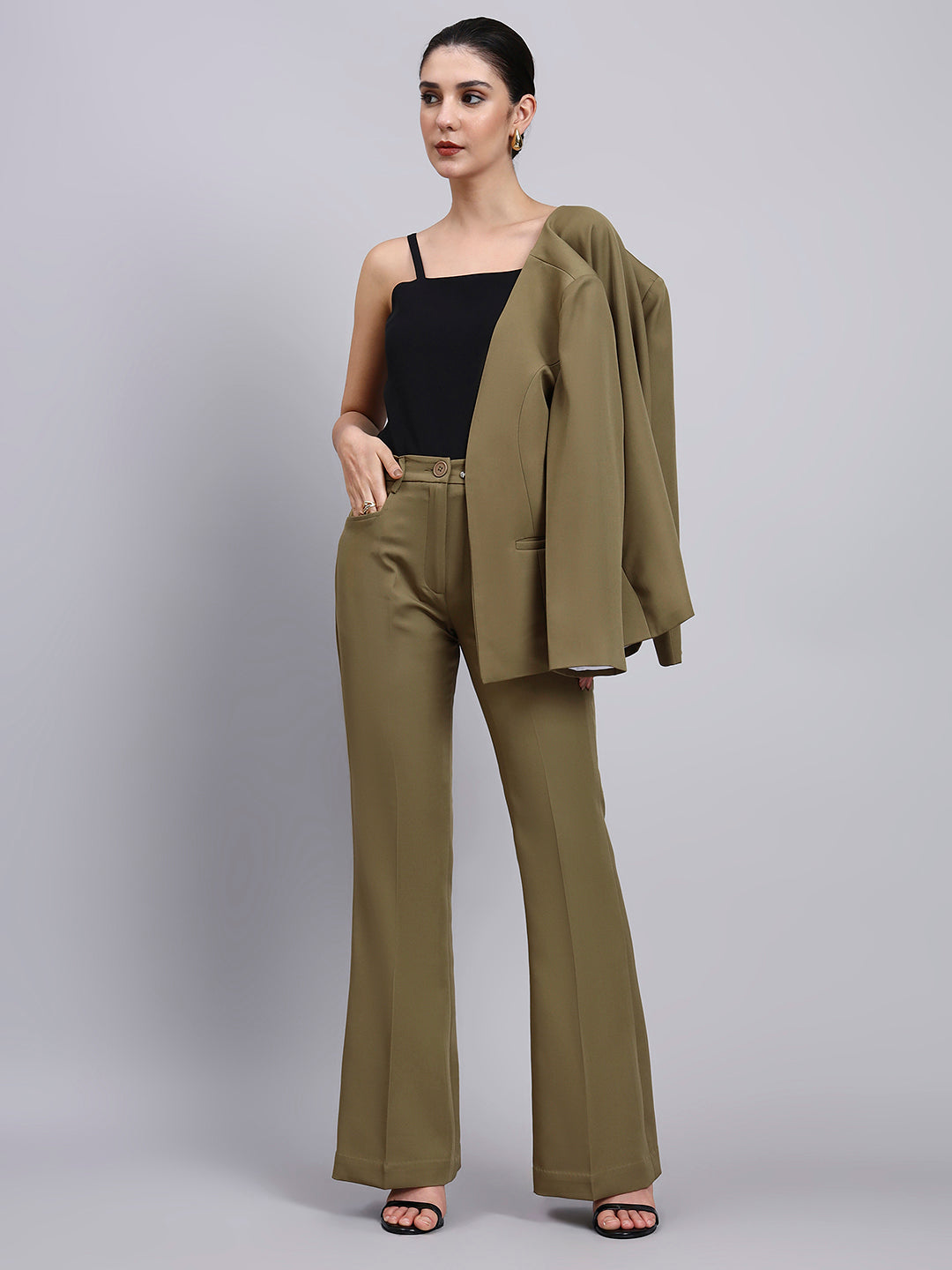 Powersutra Tailored Willow Green Lapel Less Blazer-Set With Flared Pants