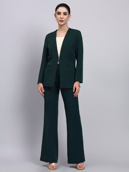 Powersutra Tailored Bottle Green Lapel Less Blazer-Set With Flared Pants