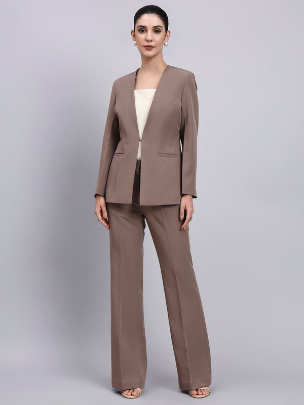 Powersutra Tailored Beige-Brown Lapel Less Blazer-Set With Flared Pants