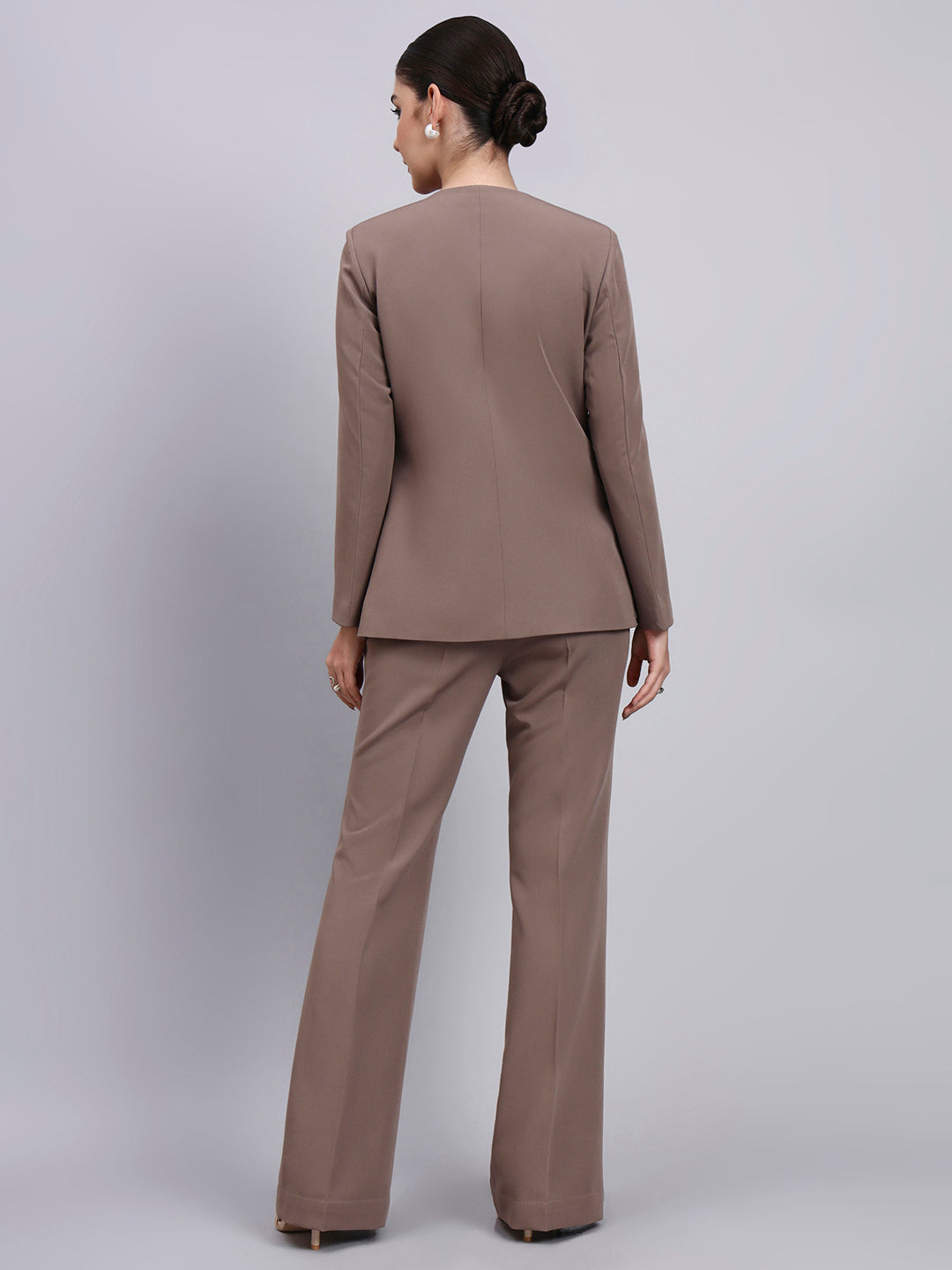 Powersutra Tailored Beige-Brown Lapel Less Blazer-Set With Flared Pants