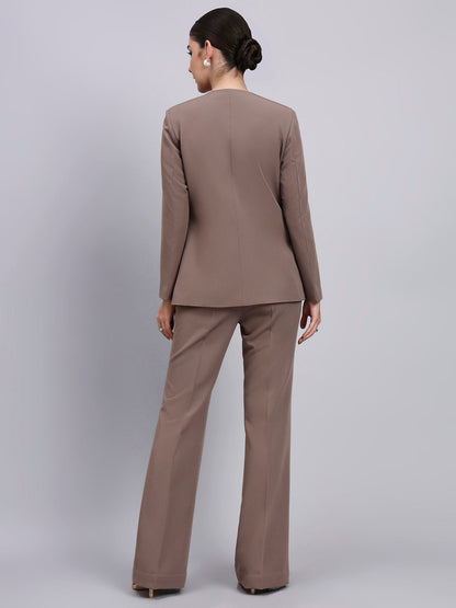 Powersutra Tailored Beige-Brown Lapel Less Blazer-Set With Flared Pants