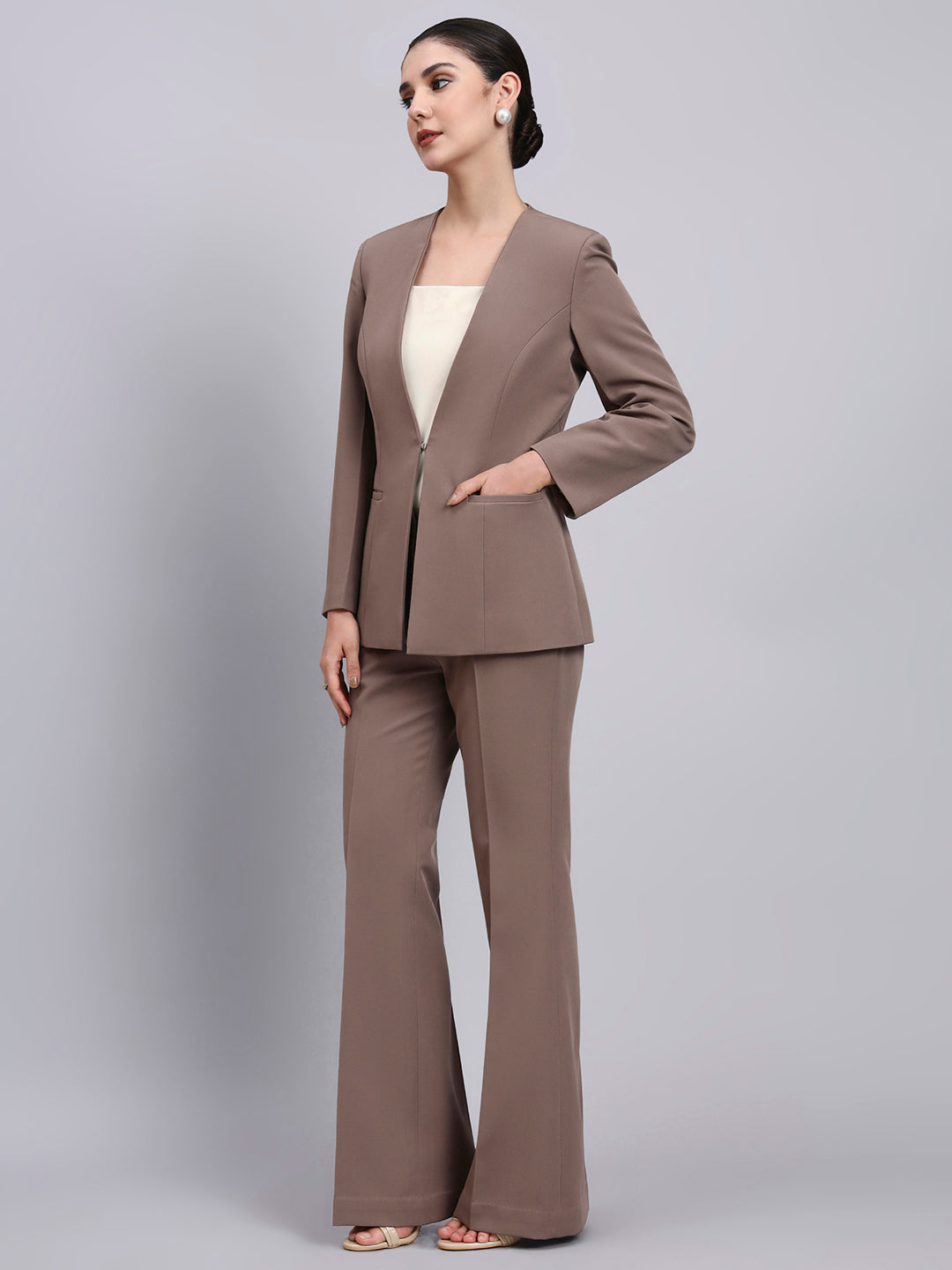 Powersutra Tailored Beige-Brown Lapel Less Blazer-Set With Flared Pants