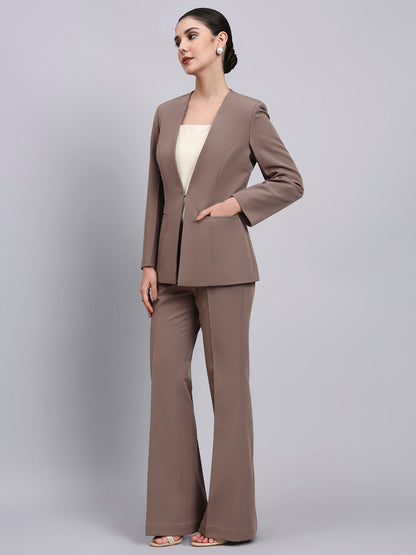 Powersutra Tailored Beige-Brown Lapel Less Blazer-Set With Flared Pants