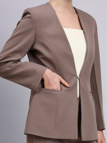 Powersutra Tailored Beige-Brown Lapel Less Blazer-Set With Flared Pants