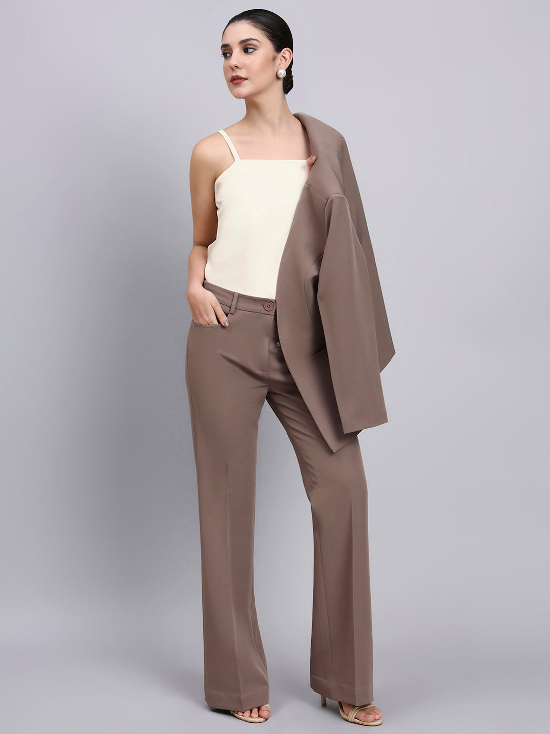 Powersutra Tailored Beige-Brown Lapel Less Blazer-Set With Flared Pants