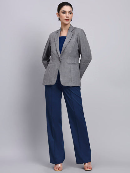 Powersutra Tailored Grey Blazer-Set With Contrast Navy Blue Flared Pants