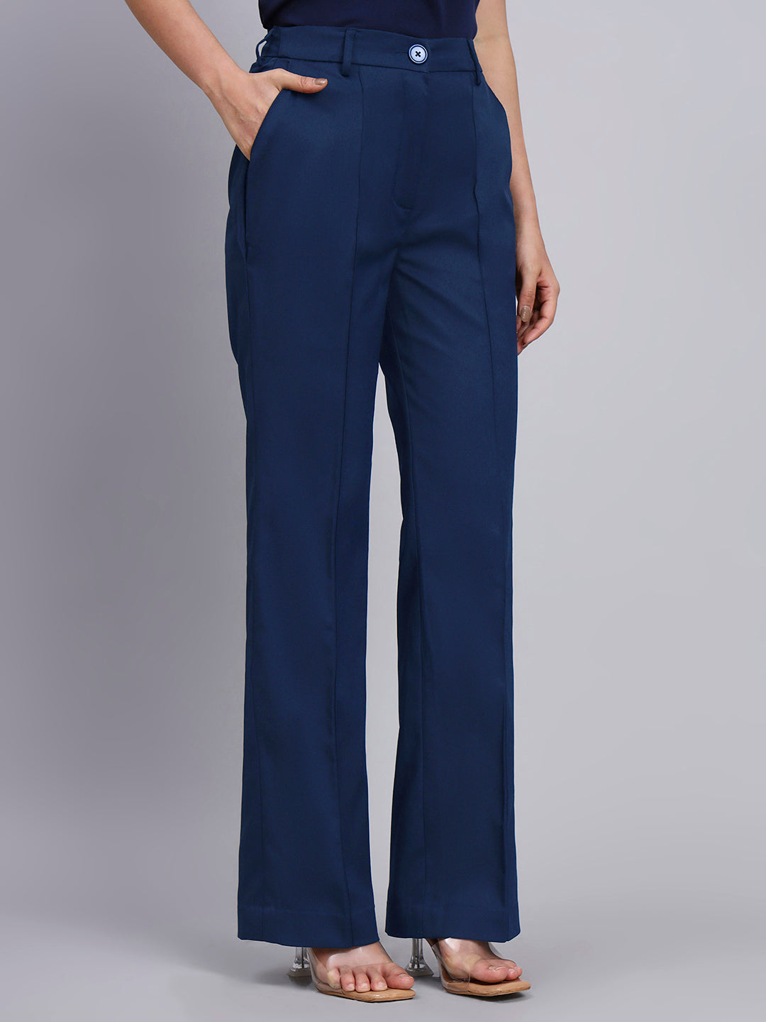 Powersutra Tailored Grey Blazer-Set With Contrast Navy Blue Flared Pants