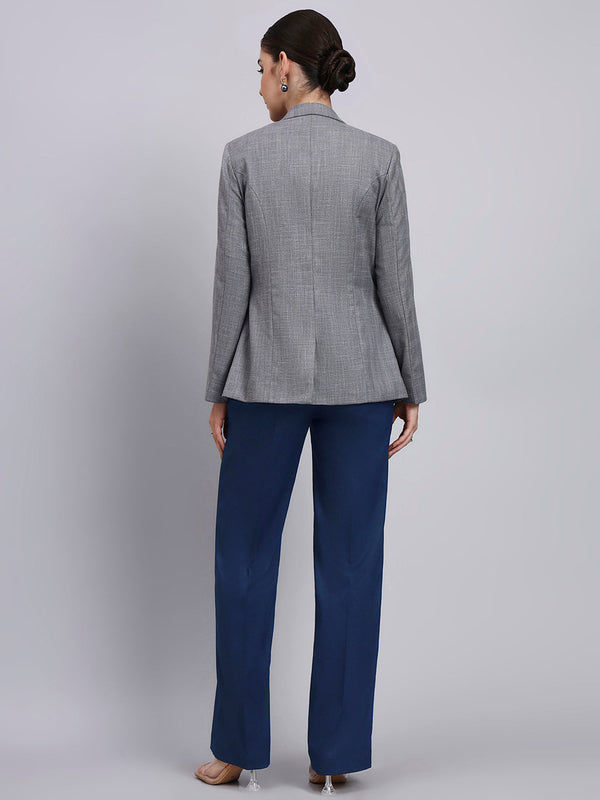 Powersutra Tailored Grey Blazer-Set With Contrast Navy Blue Flared Pants