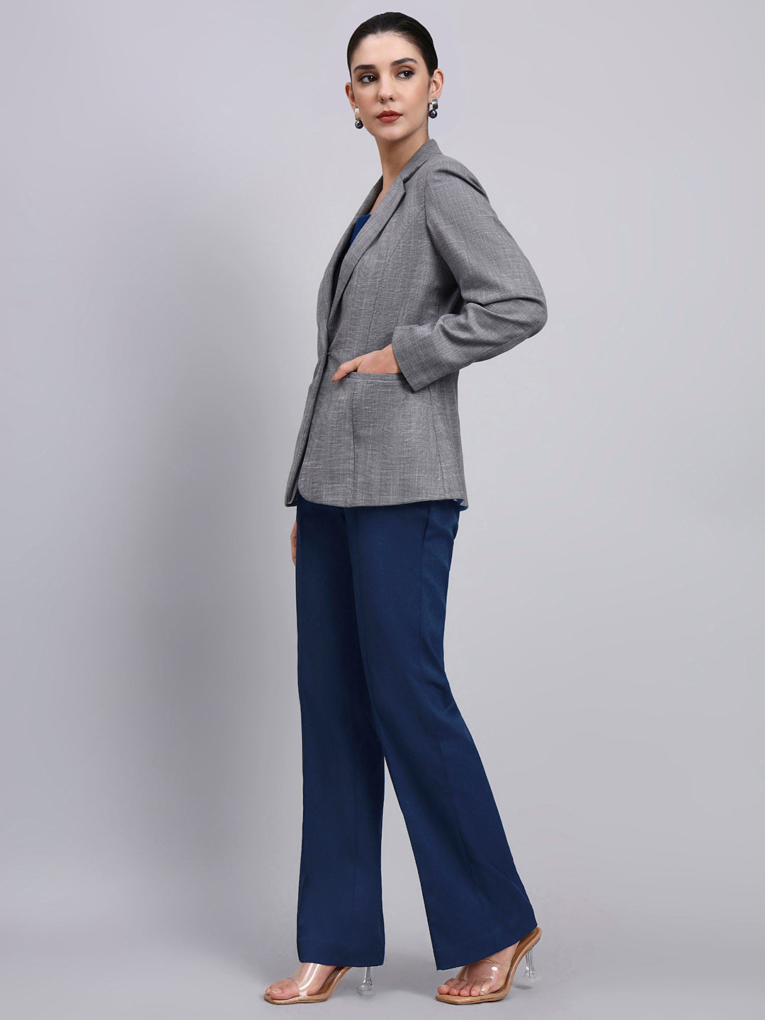 Powersutra Tailored Grey Blazer-Set With Contrast Navy Blue Flared Pants