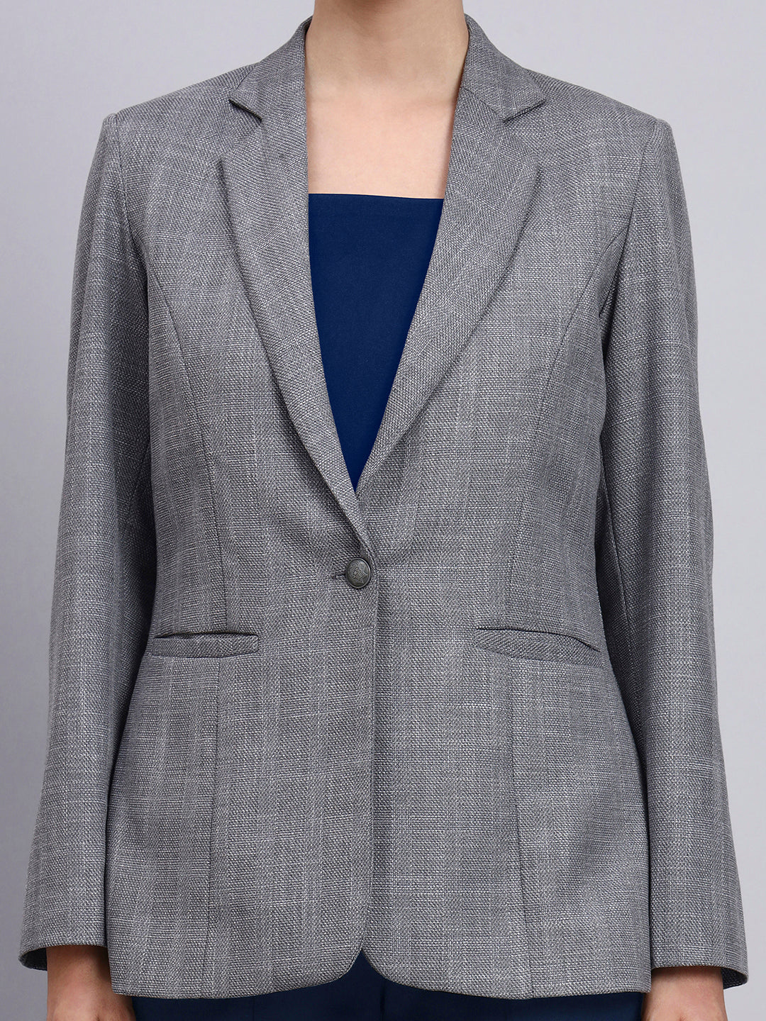 Powersutra Tailored Grey Blazer-Set With Contrast Navy Blue Flared Pants