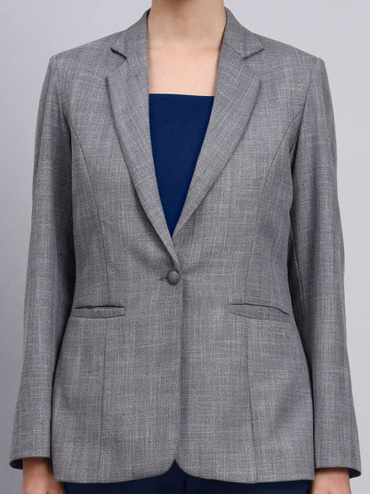 Powersutra Tailored Grey Blazer-Set With Contrast Navy Blue Flared Pants