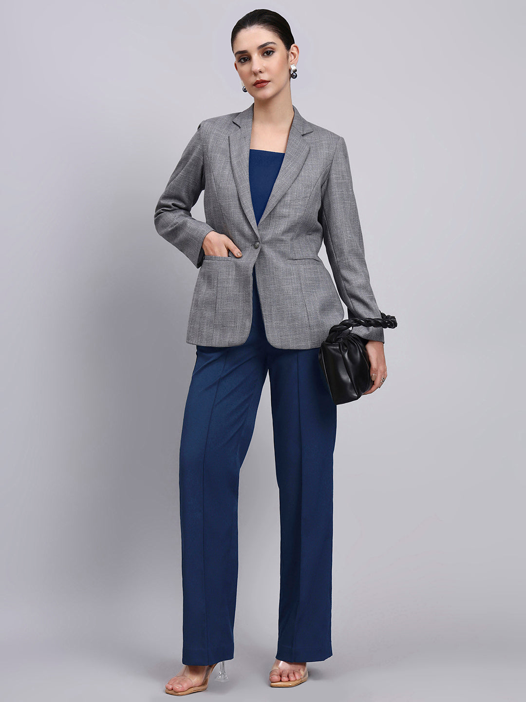 Powersutra Tailored Grey Blazer-Set With Contrast Navy Blue Flared Pants