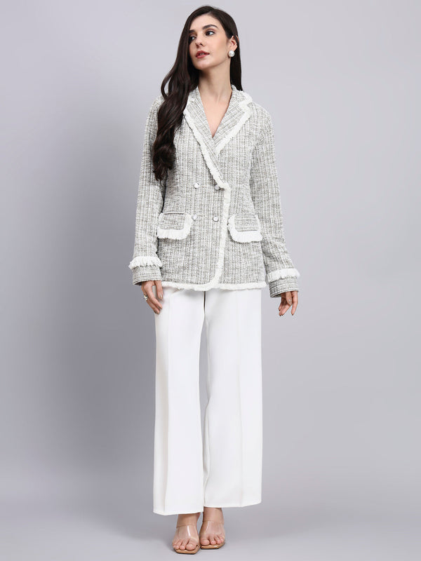 Powersutra Classic Beige Warm Tweed Stretchable Blazer With Fringe Detailing Paired With Classic Regular Fit Mid-Rise Parallel Trousers
