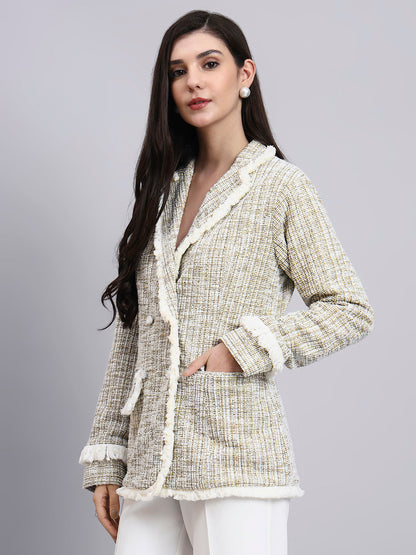 Powersutra Classic Beige Warm Tweed Stretchable Blazer With Fringe Detailing Paired With Classic Regular Fit Mid-Rise Parallel Trousers