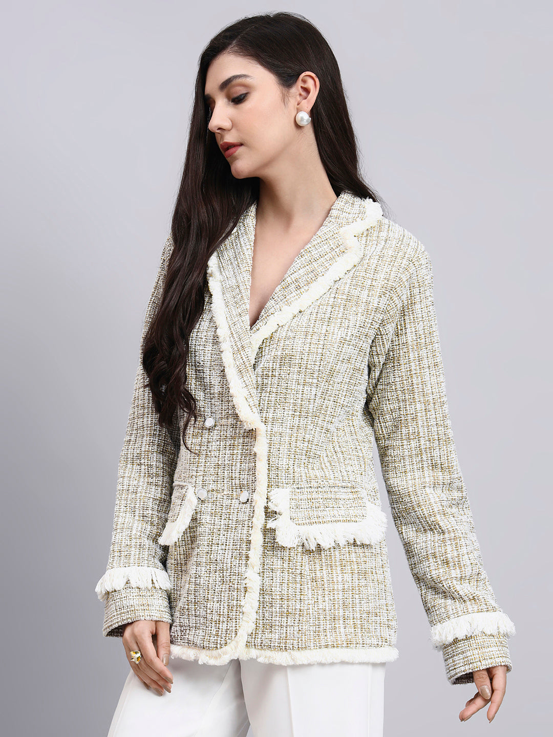 Powersutra Classic Beige Warm Tweed Stretchable Blazer With Fringe Detailing Paired With Classic Regular Fit Mid-Rise Parallel Trousers