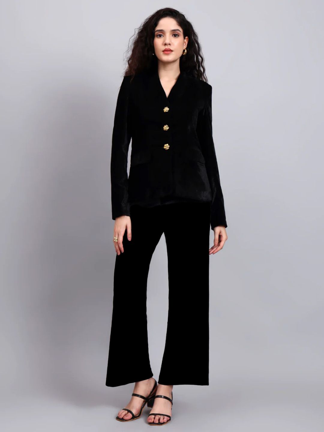 Powersutra Women Black Velvet Stretchable Blazer Set With Gold-Tone Buttons