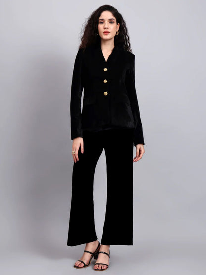 Powersutra Women Black Velvet Stretchable Blazer Set With Gold-Tone Buttons