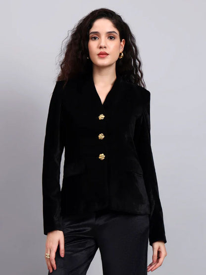 Powersutra Women Black Velvet Stretchable Blazer Set With Gold-Tone Buttons