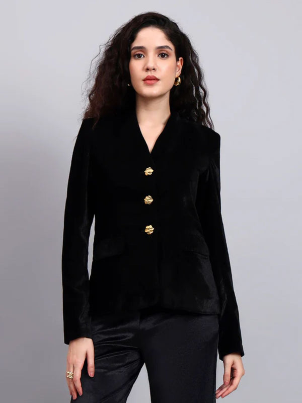 Powersutra Women Black Velvet Stretchable Blazer Set With Gold-Tone Buttons