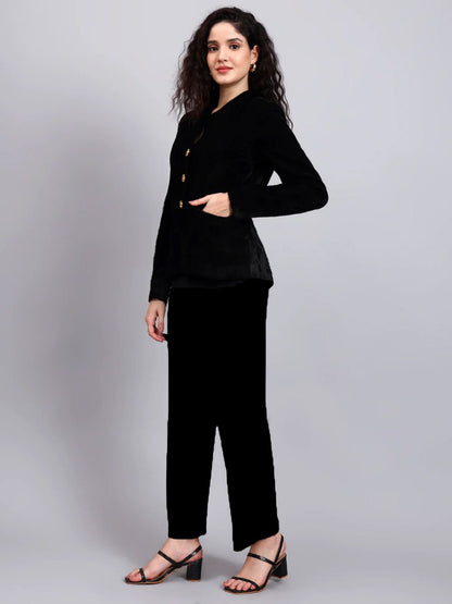 Powersutra Women Black Velvet Stretchable Blazer Set With Gold-Tone Buttons