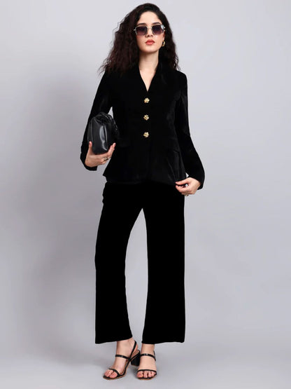 Powersutra Women Black Velvet Stretchable Blazer Set With Gold-Tone Buttons