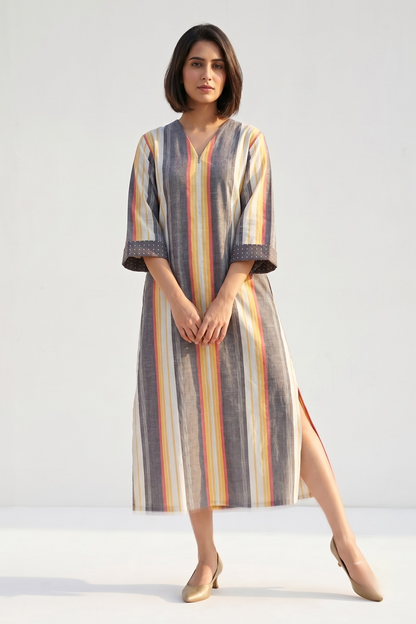 Peach Dusk Bands Cotton Front Zipper A-Line Kurta Top Mc