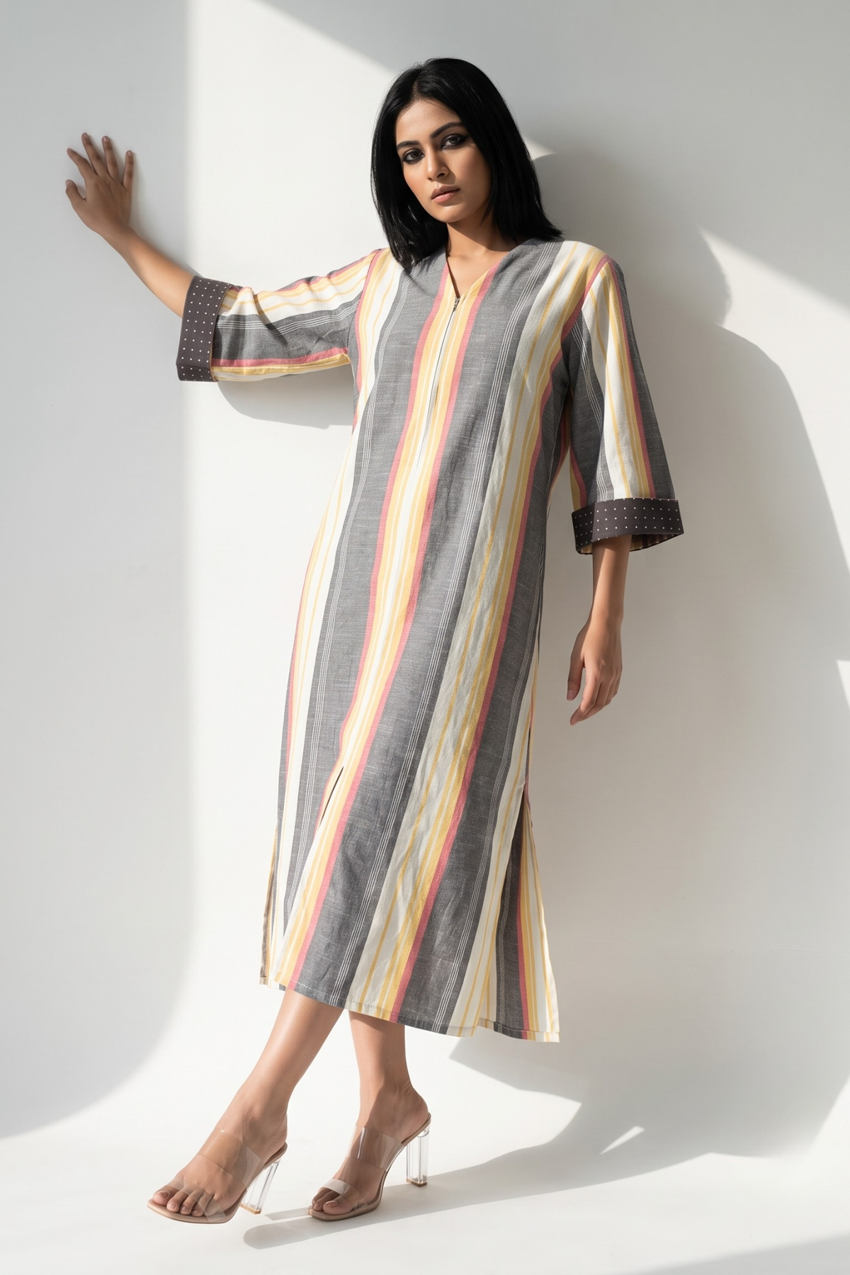 Peach Dusk Bands Cotton Front Zipper A-Line Kurta Top Mc