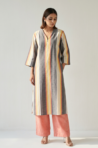 Peach Dusk Bands Cotton Front Zipper A-Line Kurta Top Mc