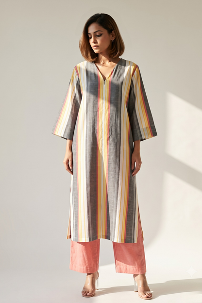 Peach Dusk Bands Cotton Front Zipper A-Line Kurta Top Mc