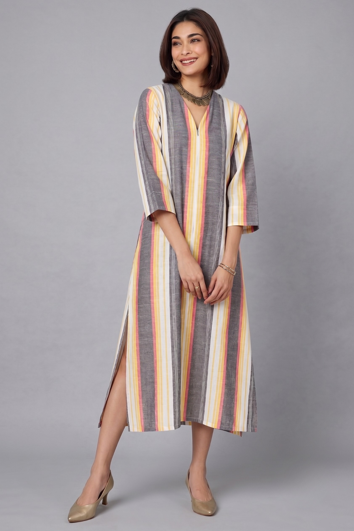 Peach Dusk Bands Cotton Front Zipper A-Line Kurta Top Mc