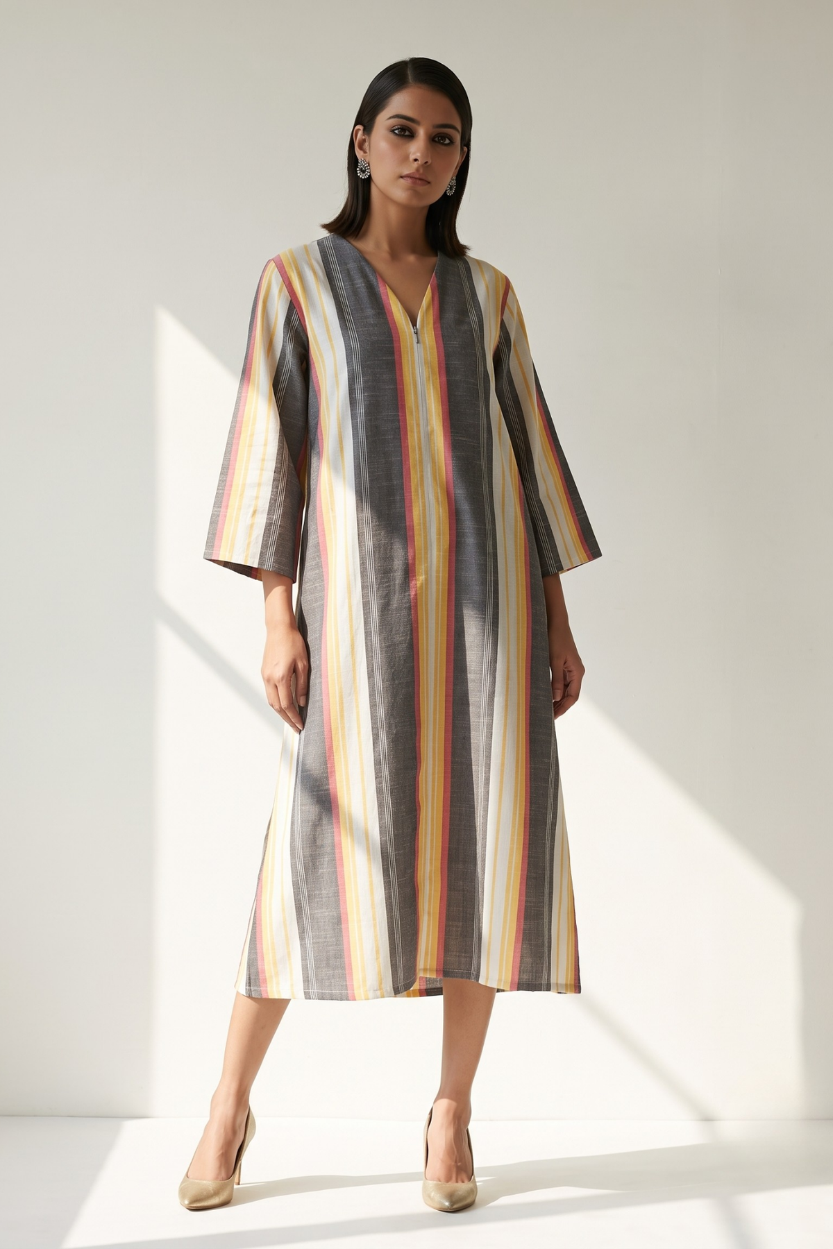 Peach Dusk Bands Cotton Front Zipper A-Line Kurta Top Mc