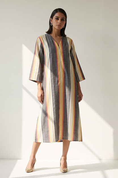 Peach Dusk Bands Cotton Front Zipper A-Line Kurta Top Mc