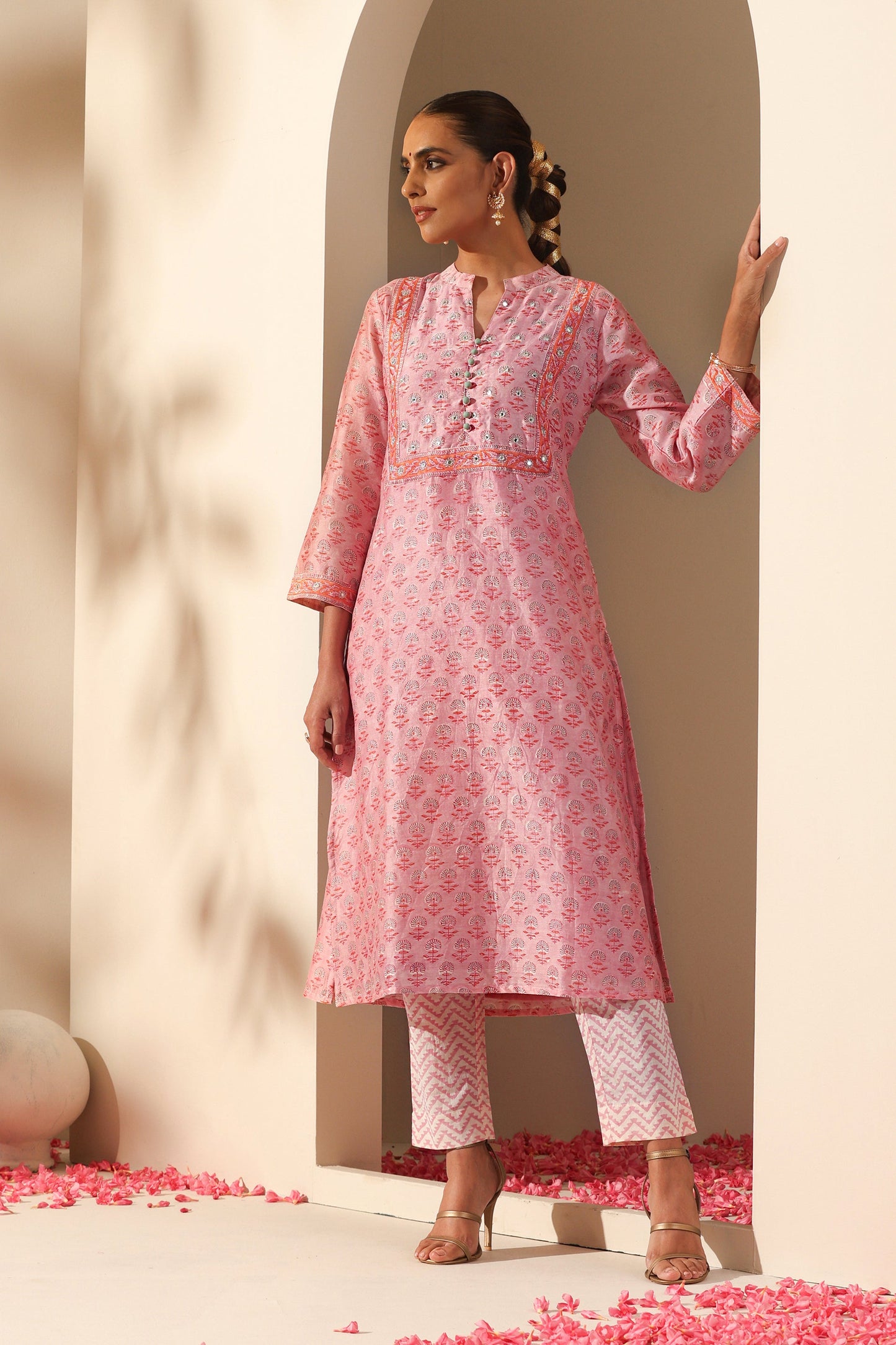 Murraya Rose Pink Mirrorwork Chanderi Kurta Set of 3