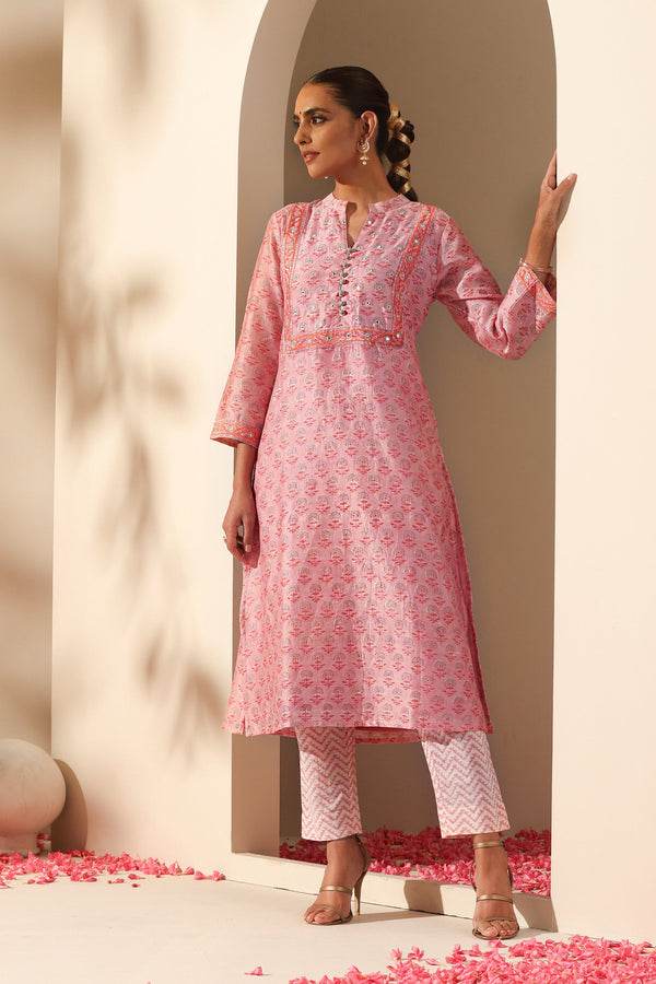Murraya Rose Pink Mirrorwork Chanderi Kurta Set of 3