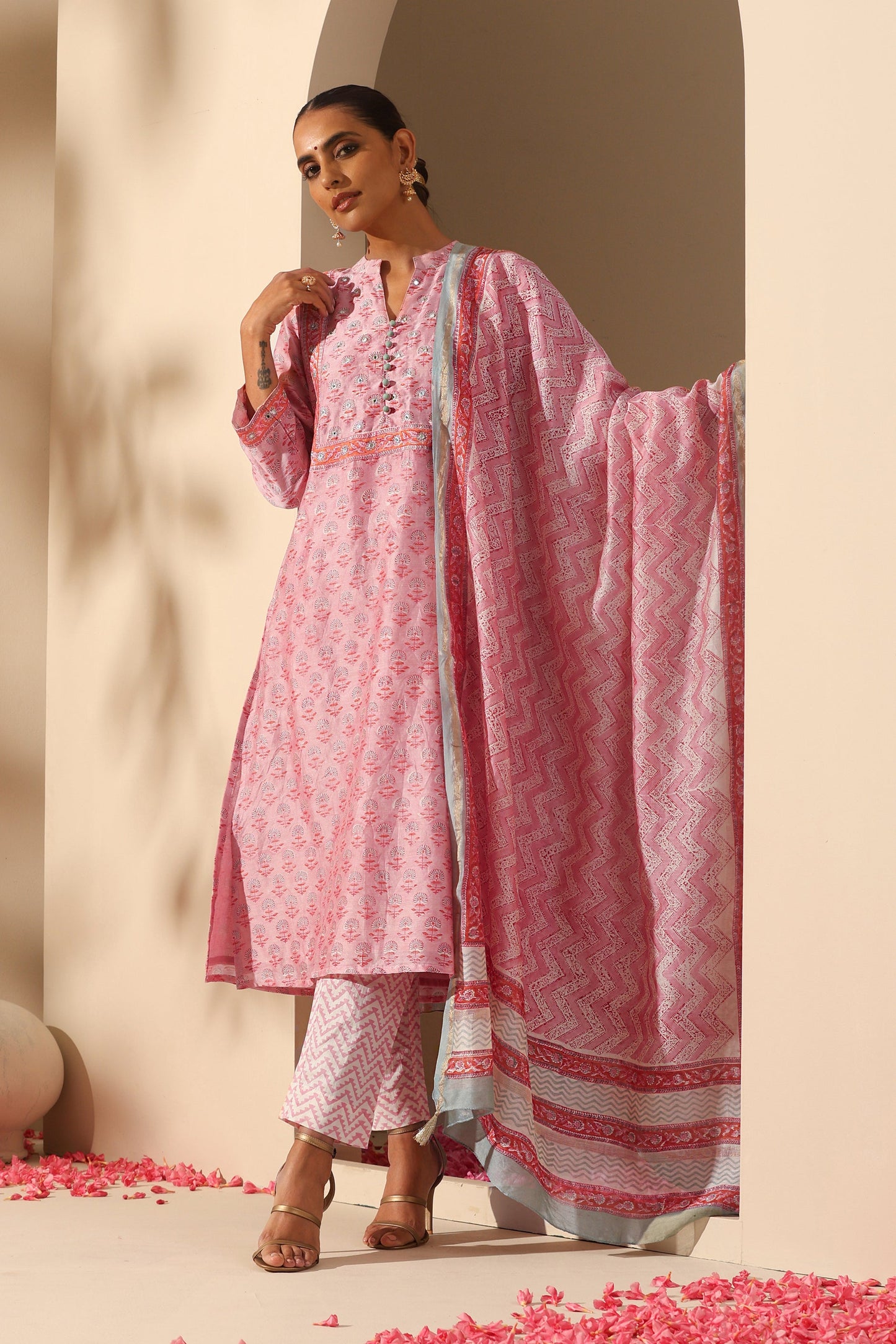 Murraya Rose Pink Mirrorwork Chanderi Kurta Set of 3