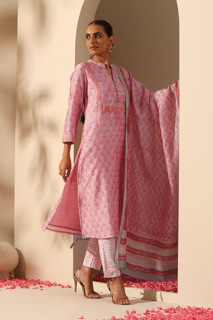 Murraya Rose Pink Mirrorwork Chanderi Kurta Set of 3