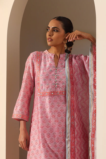 Murraya Rose Pink Mirrorwork Chanderi Kurta Set of 3
