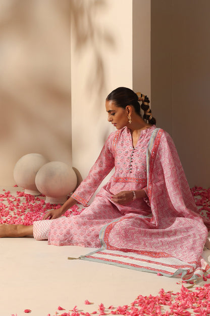 Murraya Rose Pink Mirrorwork Chanderi Kurta Set of 3
